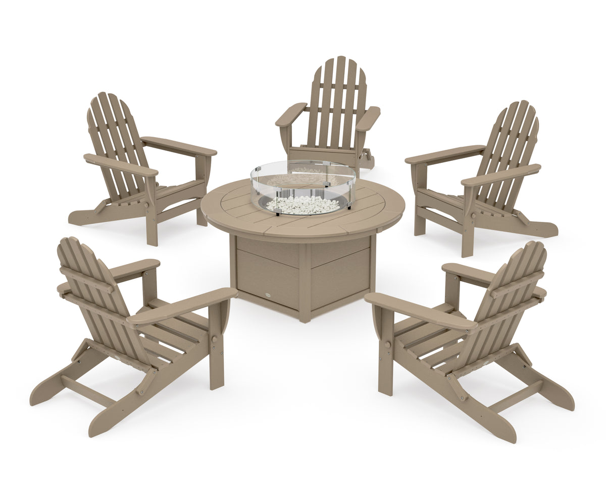 POLYWOOD Classic Folding Adirondack 6-Piece Conversation Set with Fire Pit Table in Vintage Sahara