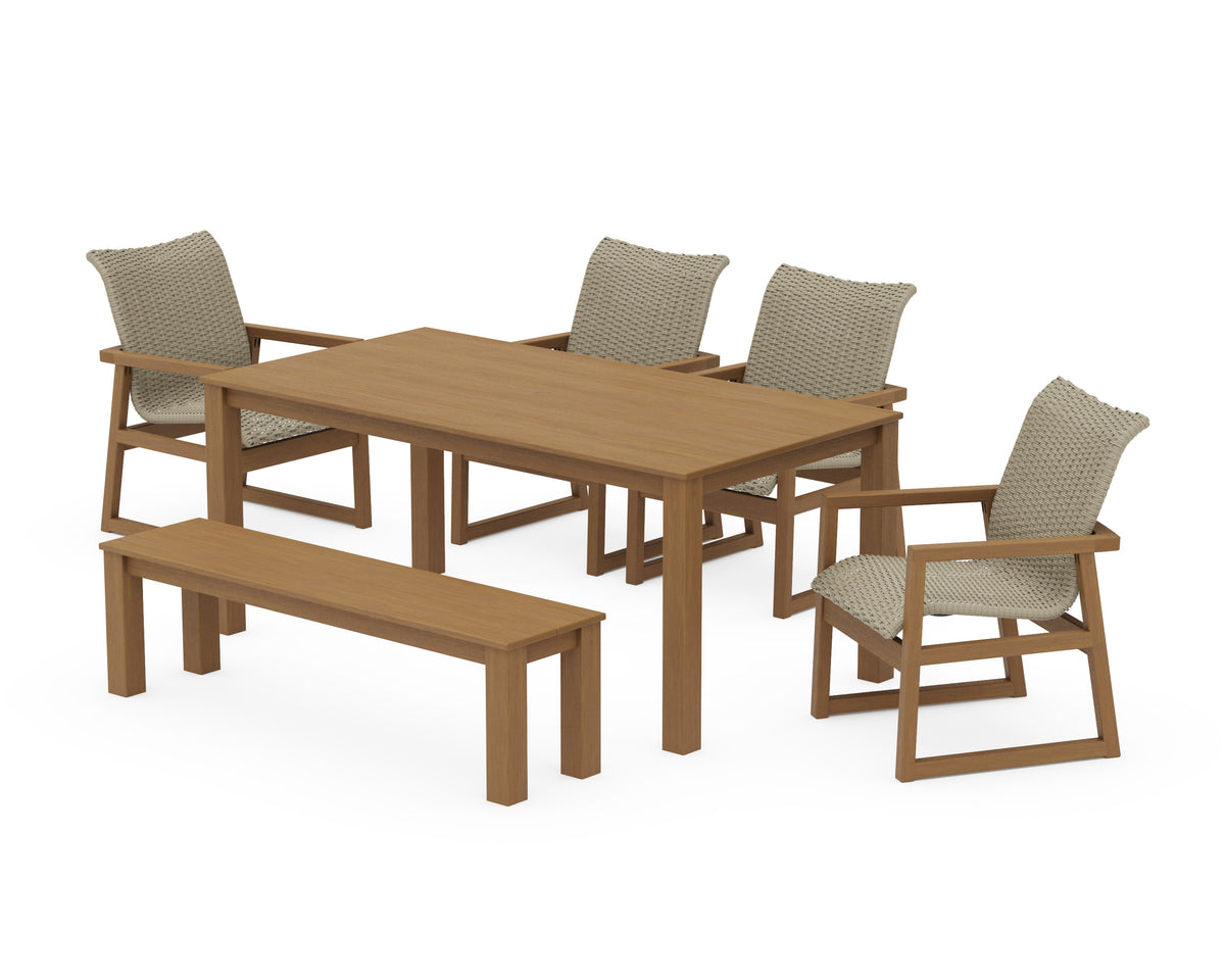 POLYWOOD EDGE Woven 6-Piece Parsons Dining Set with Bench in Natural / Dune Grass