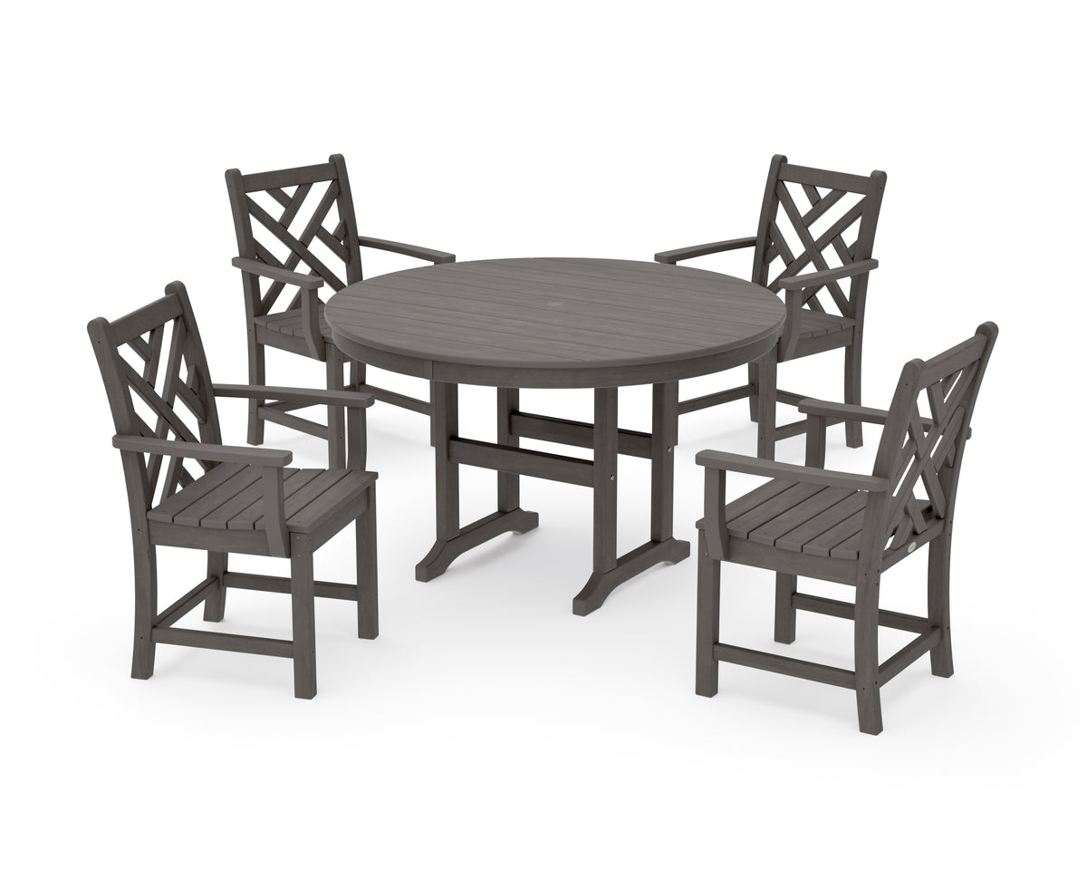 POLYWOOD Chippendale 5-Piece Round Farmhouse Dining Set in Driftwood