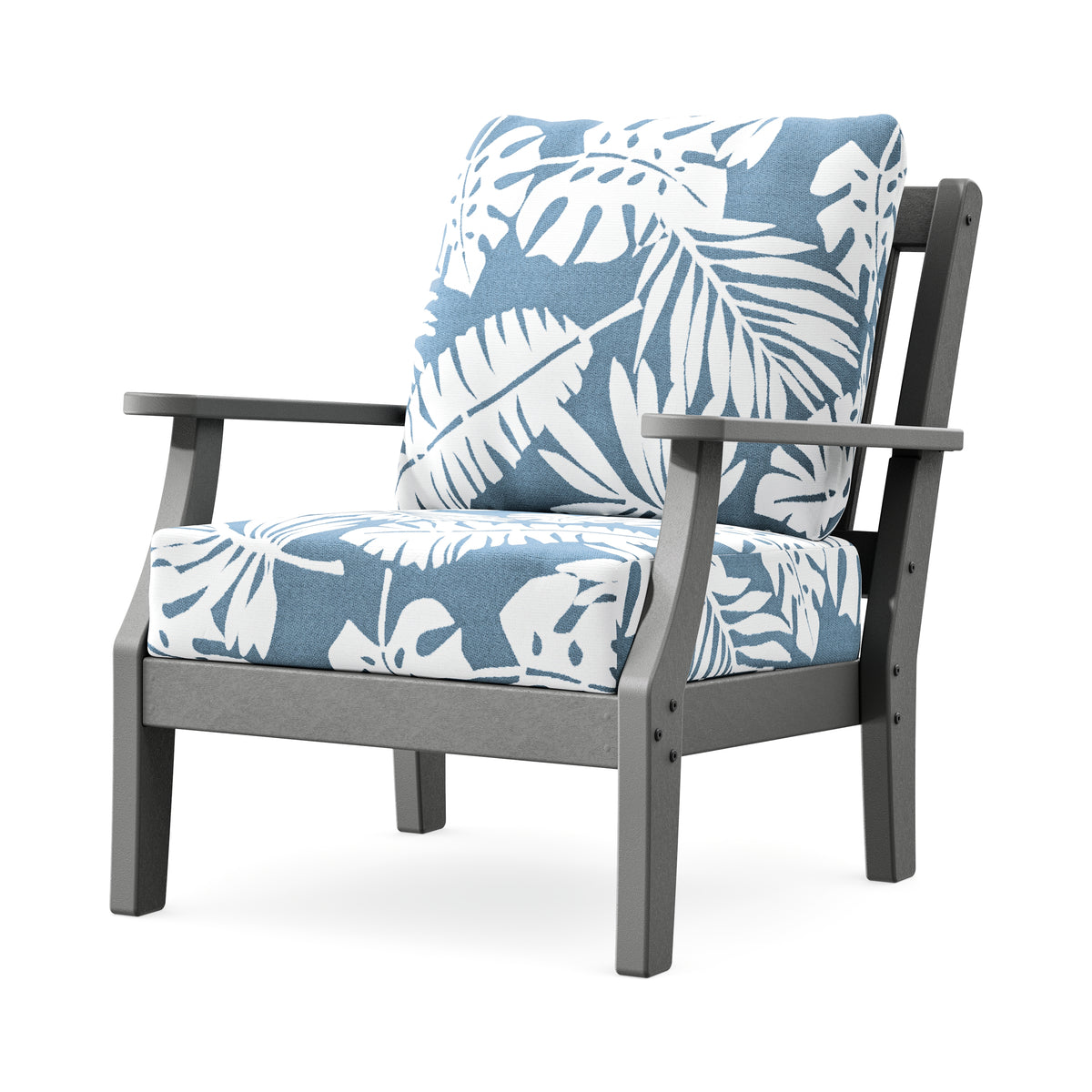 POLYWOOD Chinoiserie Deep Seating Chair in Slate Grey / Leaf Sky Blue