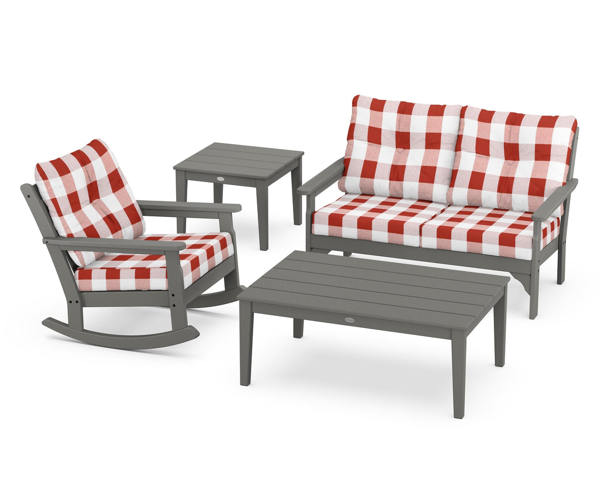 POLYWOOD Vineyard 4-Piece Deep Seating Rocker Set in Slate Grey / Buffalo Plaid Crimson
