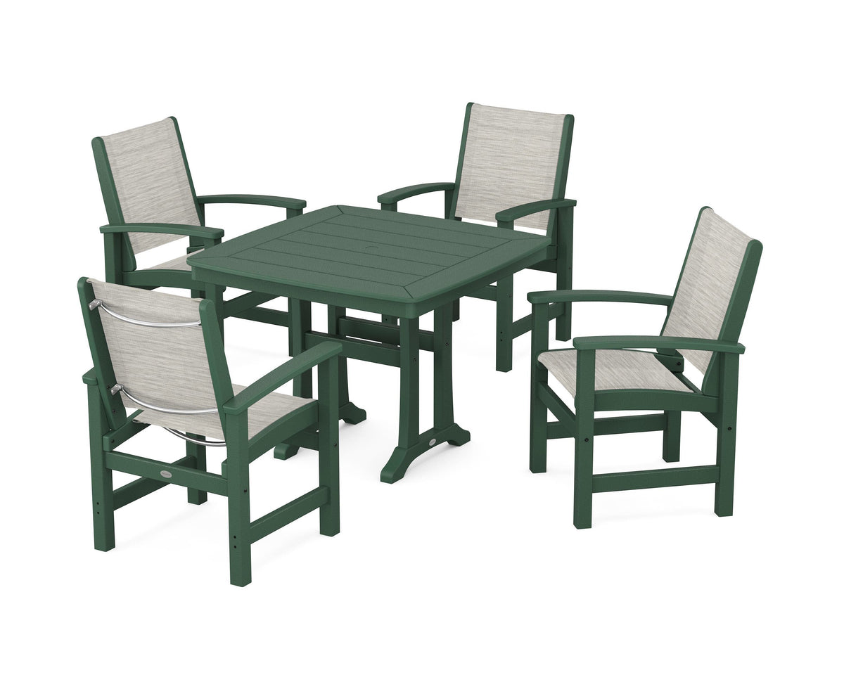 POLYWOOD Coastal 5-Piece Dining Set with Trestle Legs with Nautical Trestle 37" Dining Table in Green / Birch