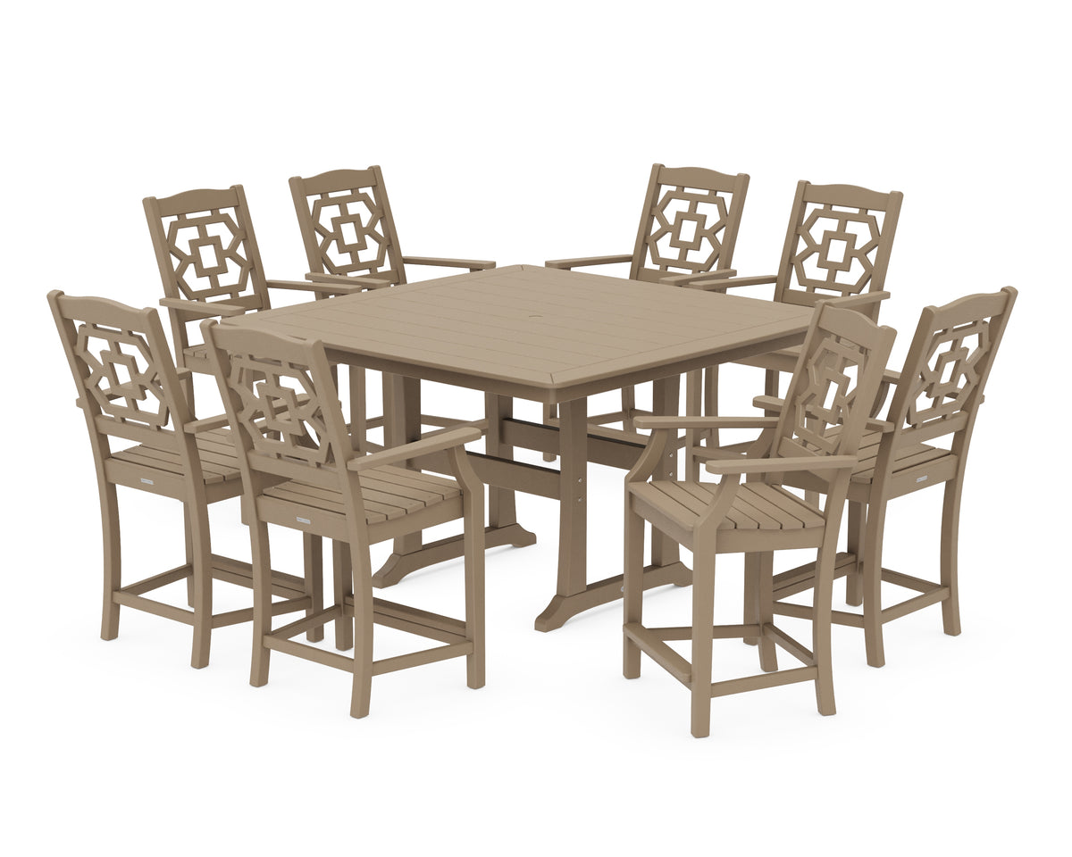 POLYWOOD Chinoiserie 9-Piece Square Counter Set with Trestle Legs in Vintage Sahara