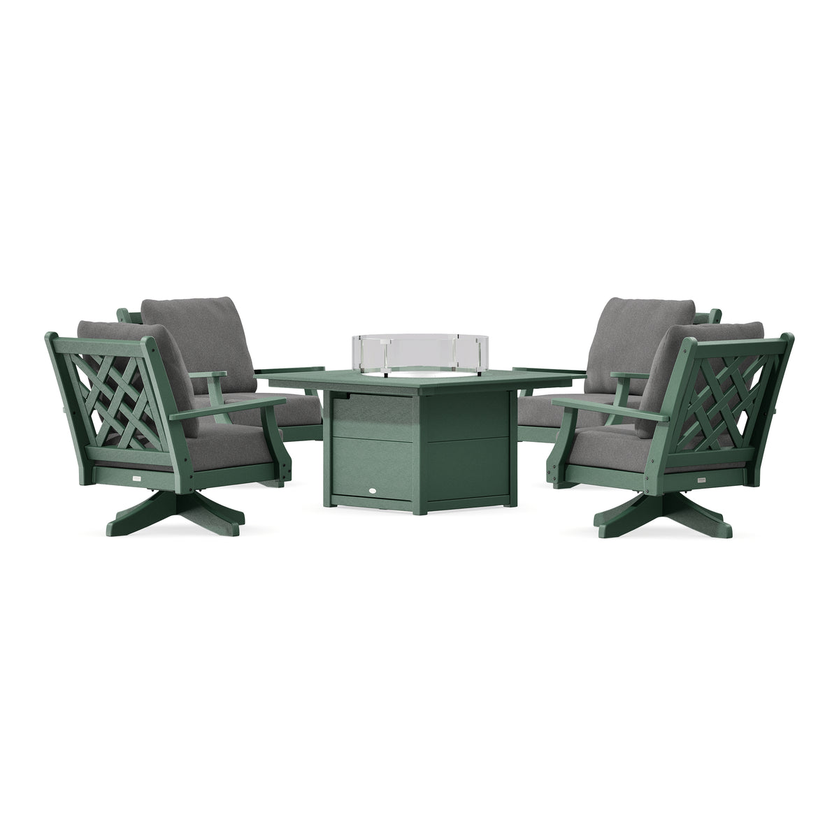 POLYWOOD Country Living Wovendale 5-Piece Deep Seating Swivel Conversation Set with Fire Pit Table in Green