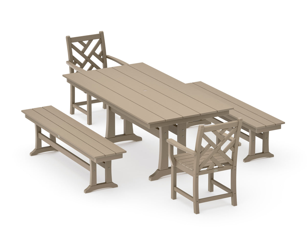 POLYWOOD Chippendale 5-Piece Farmhouse Dining Set with Trestle Legs in Vintage Sahara