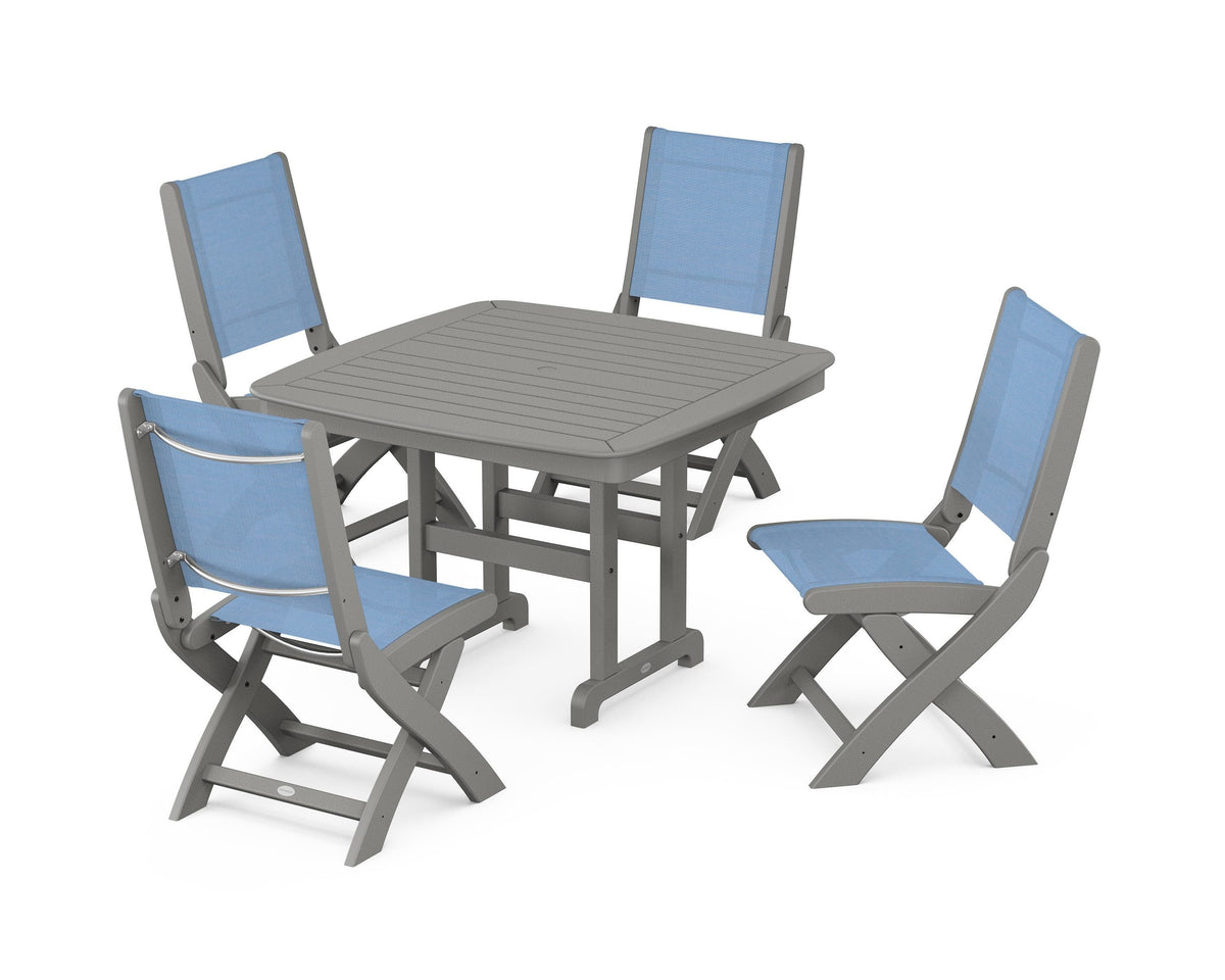 POLYWOOD Coastal Folding Side Chair 5-Piece Dining Set with Nautical 44" Dining Table in Slate Grey / Poolside