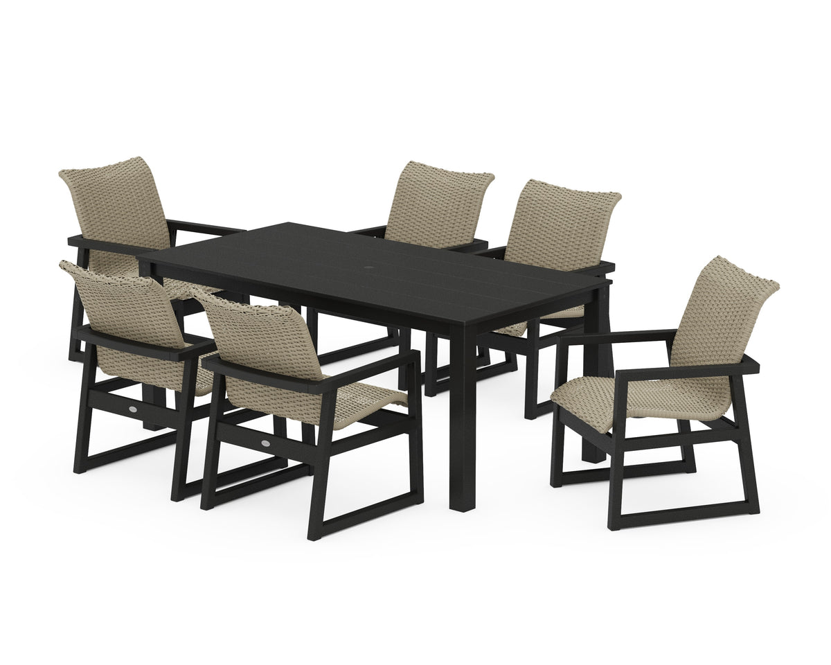POLYWOOD EDGE Woven Arm Chair 7-Piece Parsons Dining Set in Black / Dune Grass