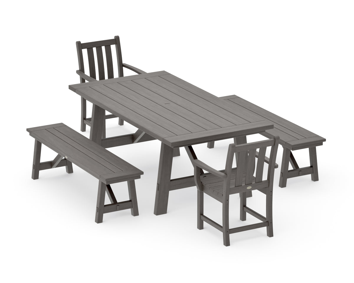 POLYWOOD Traditional Garden 5-Piece Rustic Farmhouse Dining Set with Benches in Driftwood