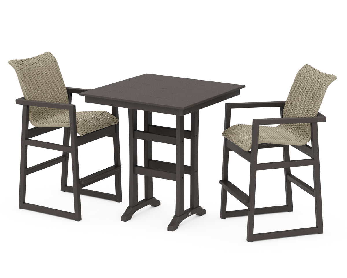 POLYWOOD EDGE Woven 3-Piece Farmhouse Bar Set with Trestle Legs in Vintage Coffee / Dune Grass