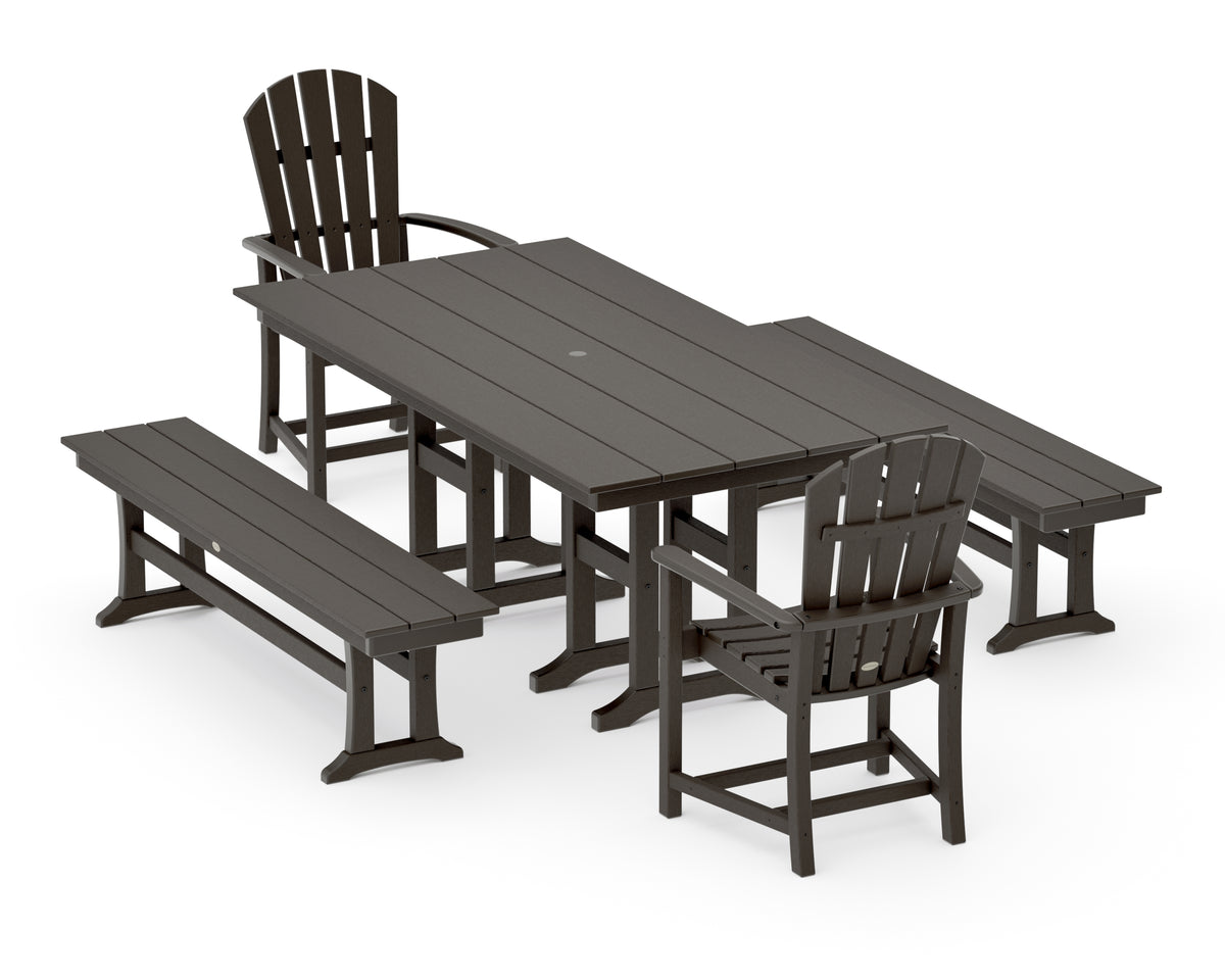 POLYWOOD Palm Coast 5-Piece Farmhouse Dining Set with Benches in Vintage Coffee