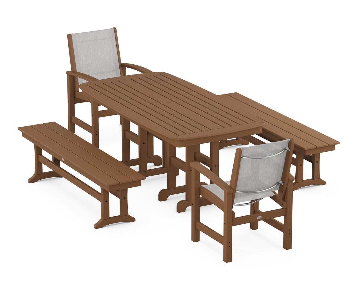 POLYWOOD Coastal 5-Piece Dining Set with Nautical 37" x 72" Dining Table in Teak / Parchment
