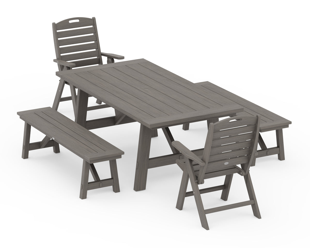 POLYWOOD Nautical Folding Highback Chair 5-Piece Rustic Farmhouse Dining Set with Benches in Driftwood