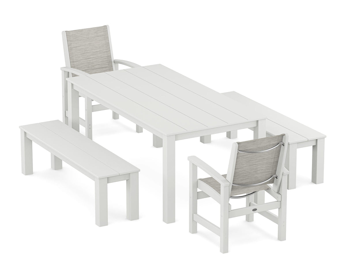 POLYWOOD Coastal 5-Piece Parsons Dining Set with Benches in White / Birch