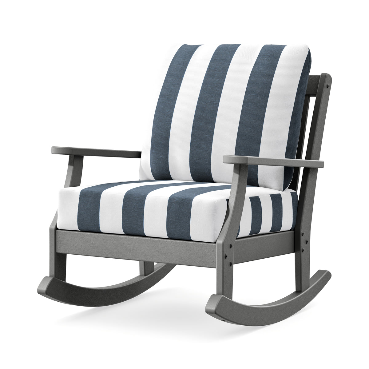 POLYWOOD Braxton Deep Seating Rocking Chair in Slate Grey / Cabana Stripe Marine Indigo