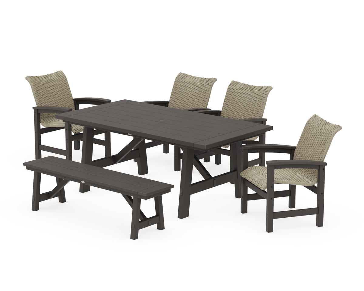 POLYWOOD Coastal Woven 6-Piece Rustic Farmhouse Dining Set with Bench in Vintage Coffee / Dune Grass