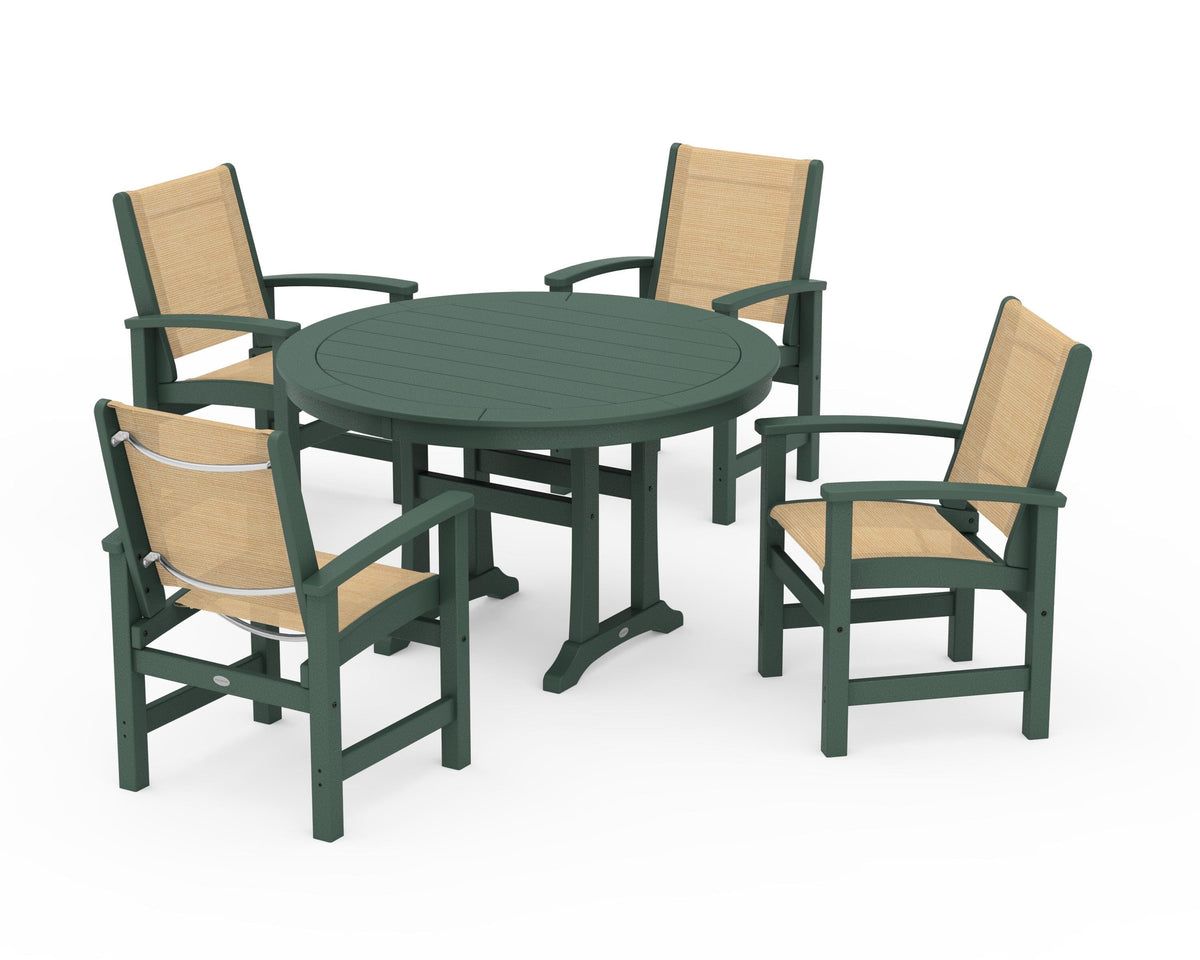 POLYWOOD Coastal 5-Piece Round Dining Set with Trestle Legs in Green / Dupioni Apricot