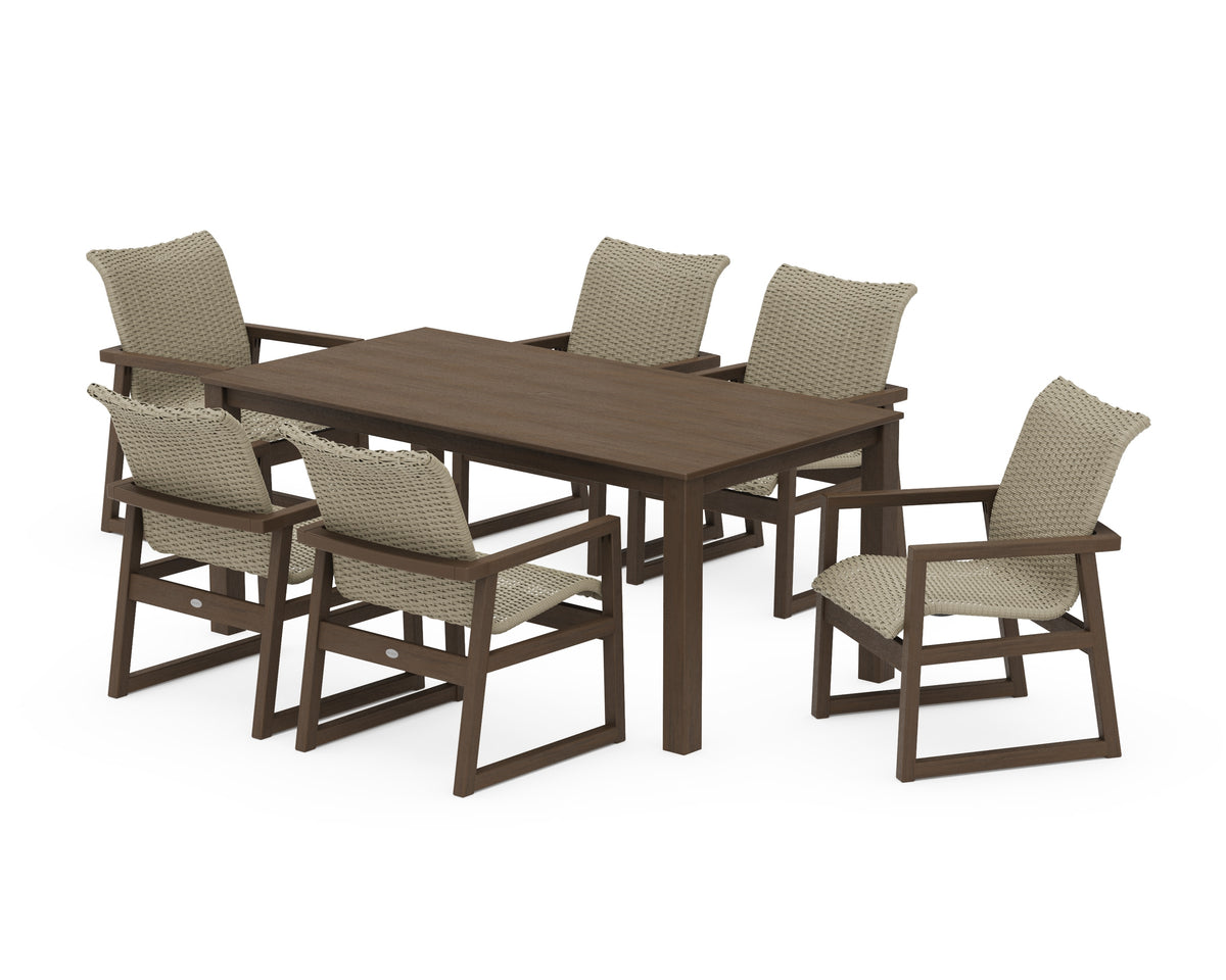 POLYWOOD EDGE Woven Arm Chair 7-Piece Parsons Dining Set in Kona / Dune Grass