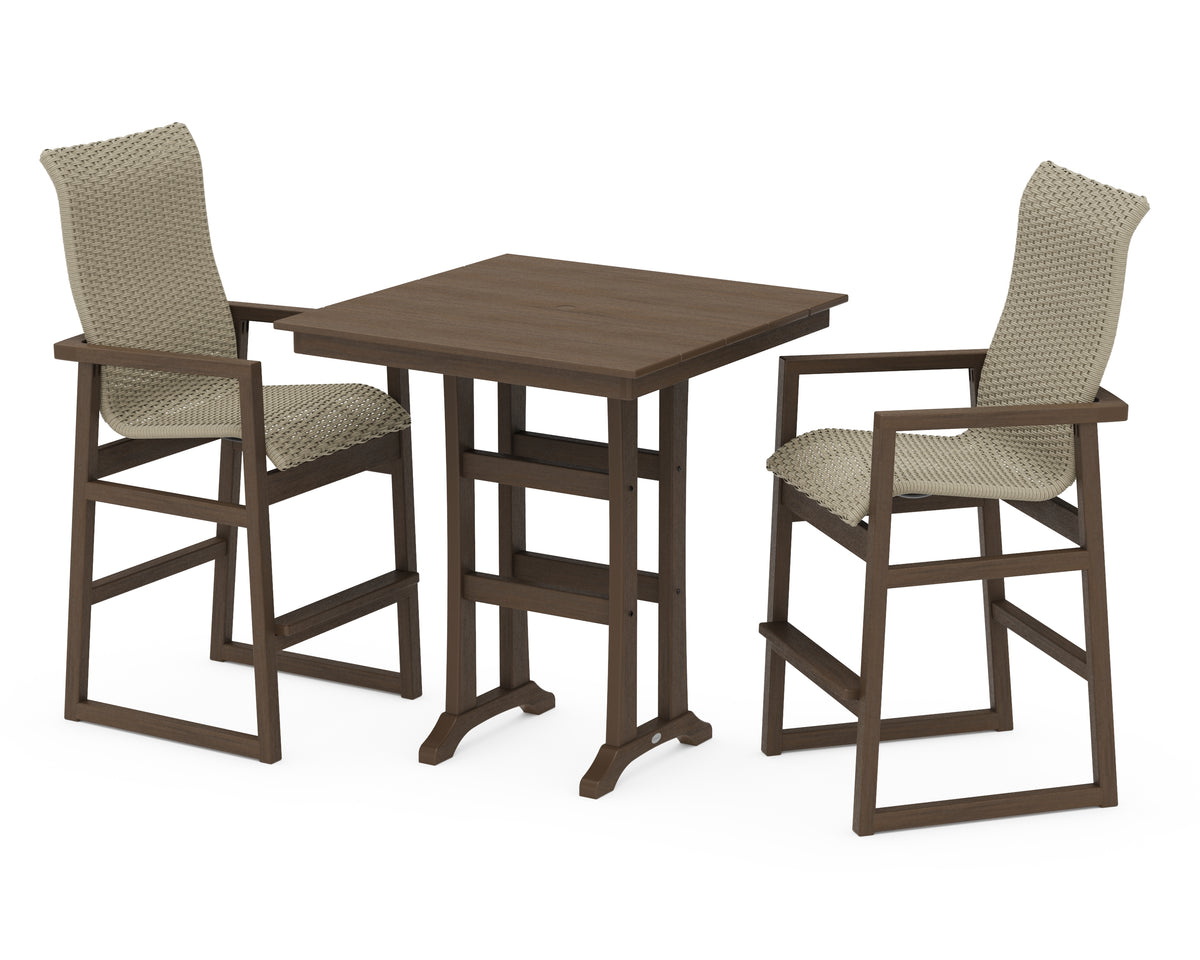 POLYWOOD EDGE Woven Highback 3-Piece Farmhouse Bar Set with Trestle Legs in Kona / Dune Grass
