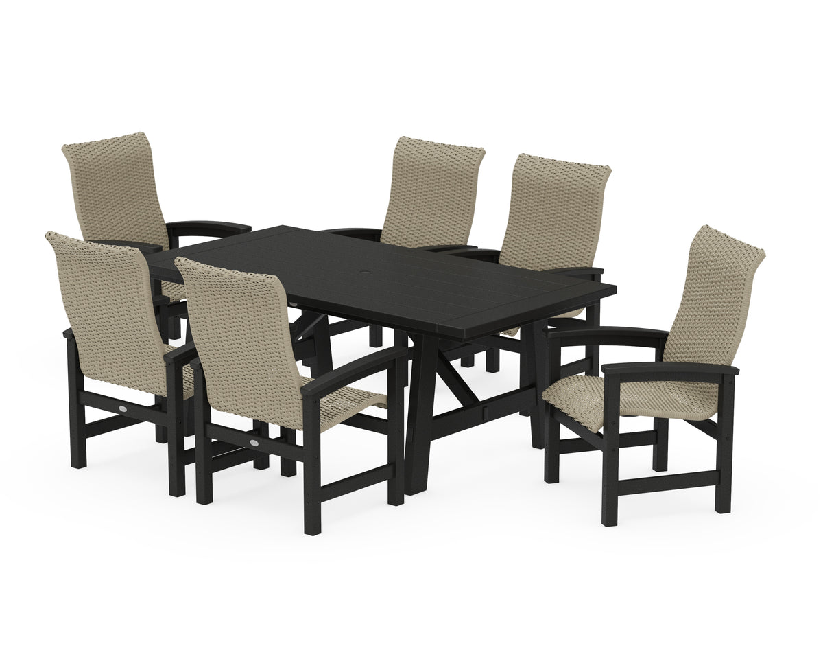 POLYWOOD Coastal Woven High-Back Arm Chair 7-Piece Rustic Farmhouse Dining Set in Black / Dune Grass