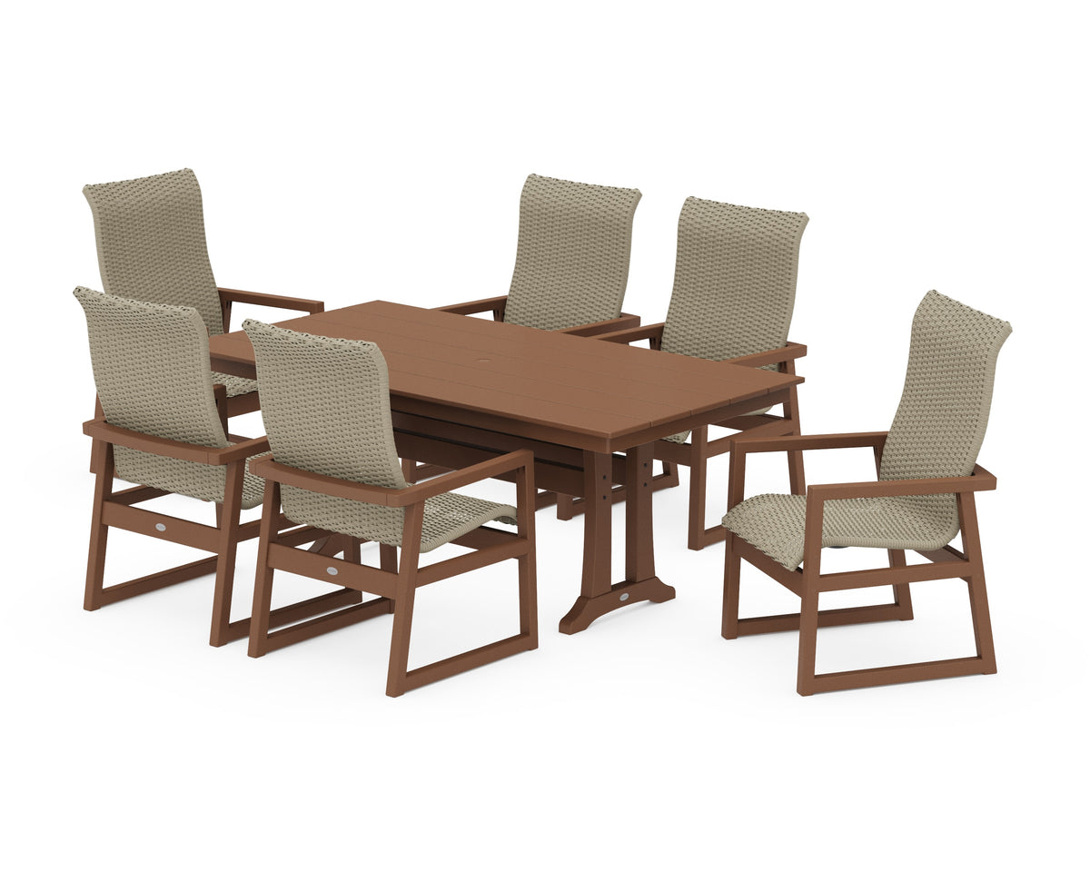 POLYWOOD EDGE Woven High-Back Arm Chair 7-Piece Farmhouse Dining Set with Trestle Legs in Teak / Dune Grass