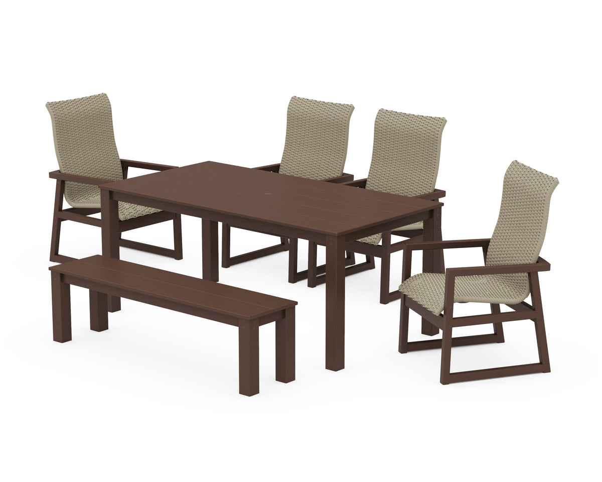 POLYWOOD EDGE Woven High-Back 6-Piece Parsons Dining Set with Bench in Mahogany / Dune Grass