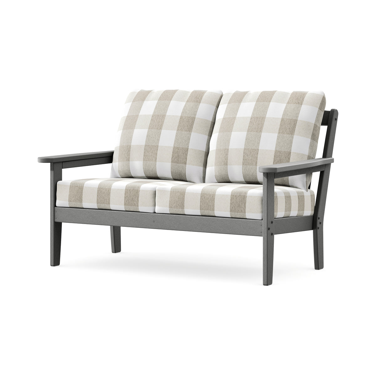 POLYWOOD Cottage Deep Seating Loveseat in Slate Grey / Buffalo Plaid Dune Burlap