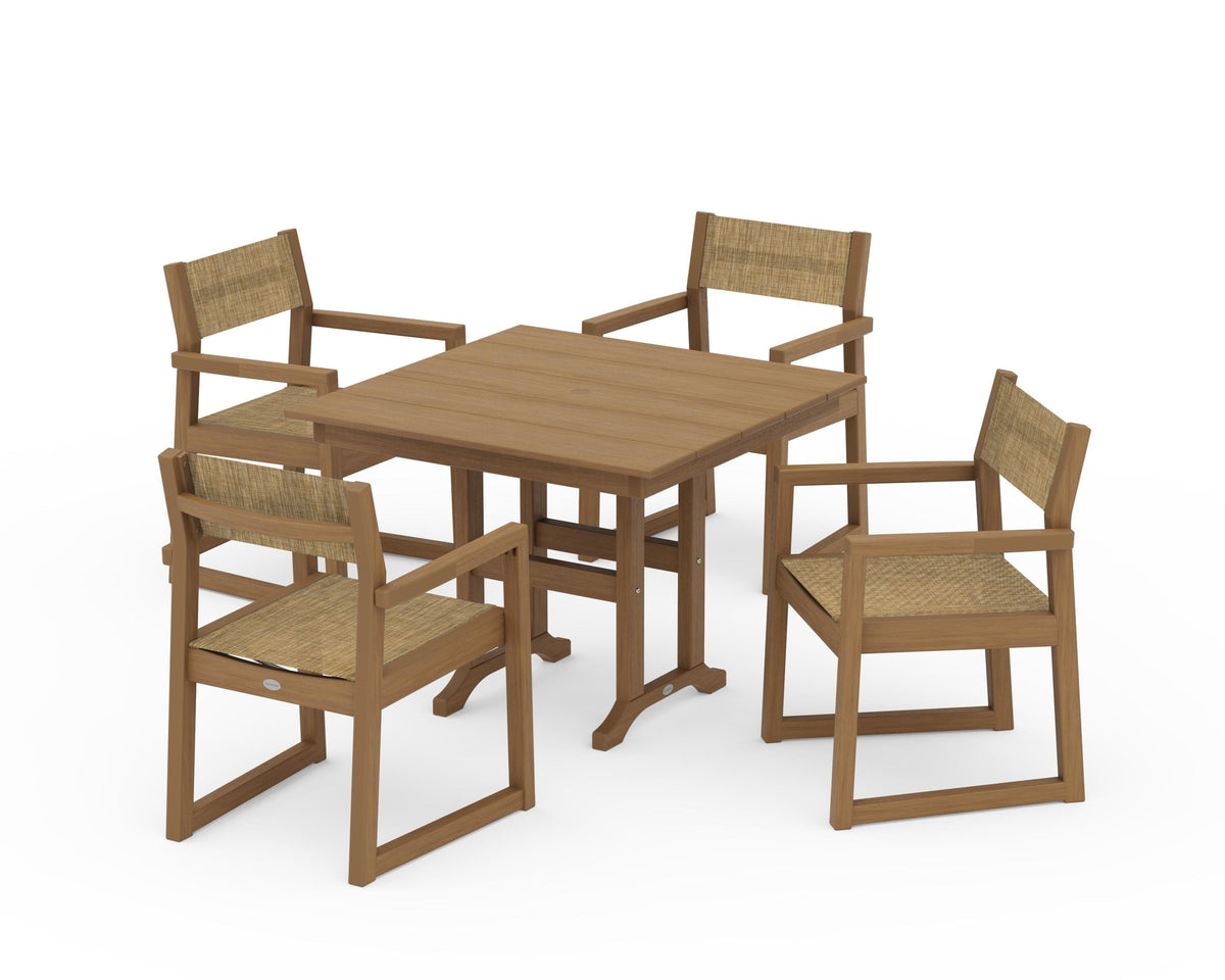 POLYWOOD EDGE Sling Arm Chair 5-Piece Farmhouse Dining Set in Natural / Burlap