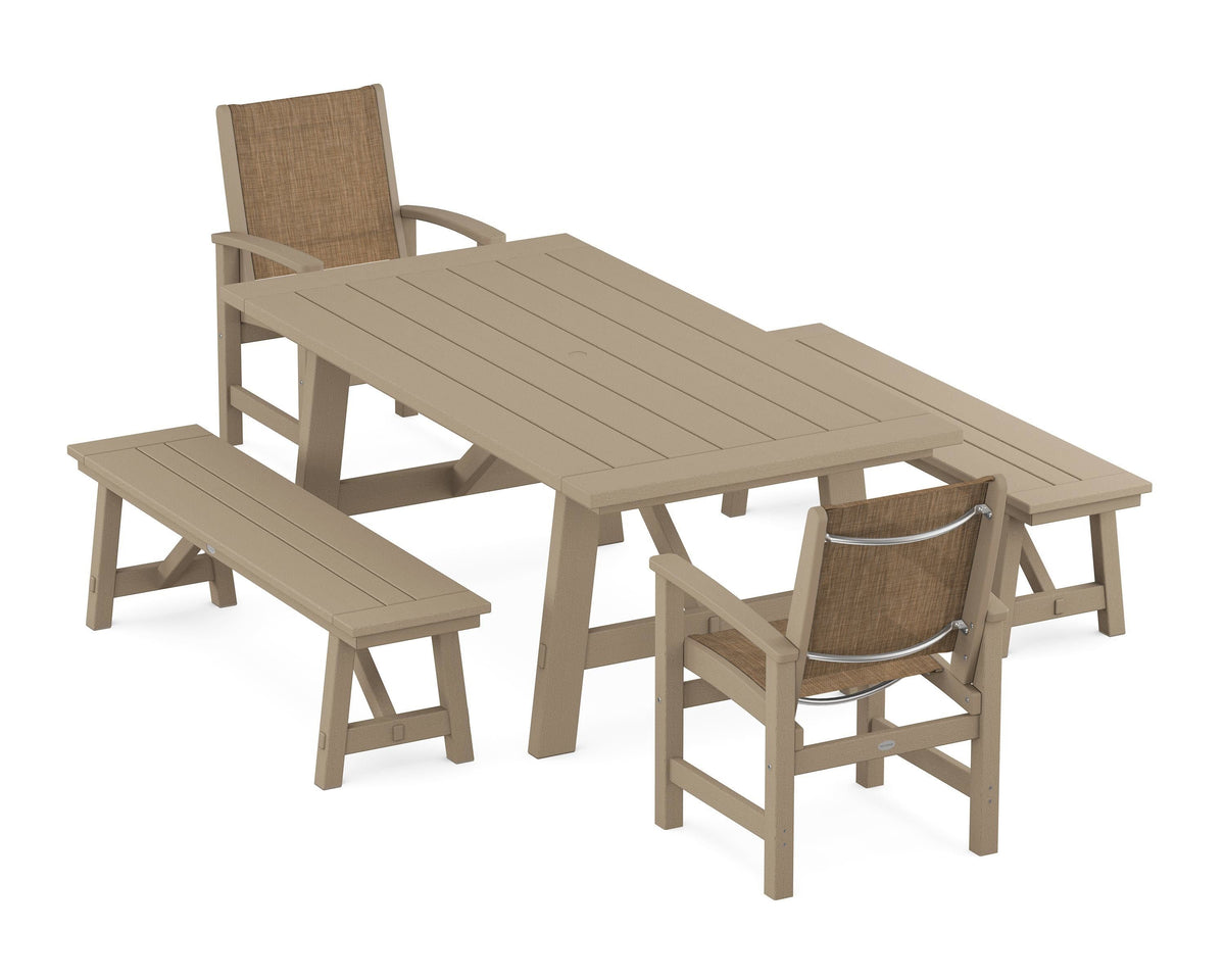 POLYWOOD Coastal 5-Piece Rustic Farmhouse Dining Set With Benches in Vintage Sahara / Burlap