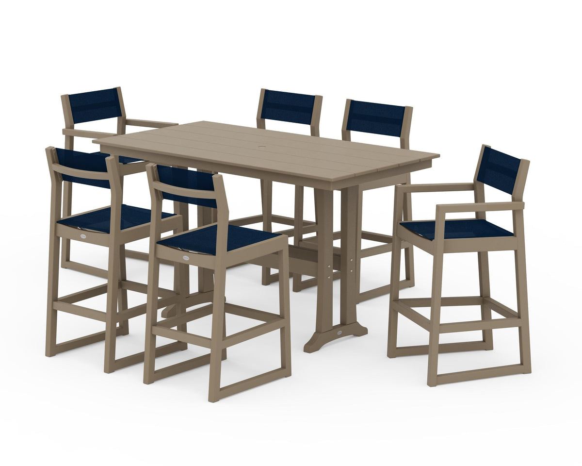 POLYWOOD EDGE Sling 7-Piece Farmhouse Bar Set with Trestle Legs in Vintage Sahara / Navy Blue