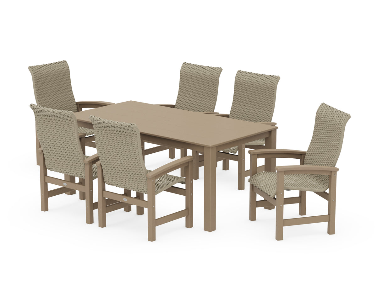 POLYWOOD Coastal Woven High-Back Arm Chair 7-Piece Parsons Dining Set in Vintage Sahara / Dune Grass