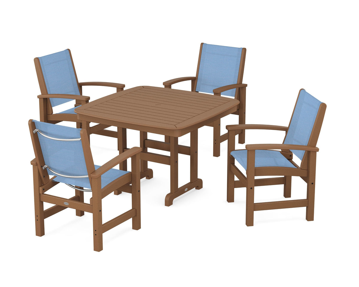 POLYWOOD Coastal 5-Piece Dining Set with Nautical 44" Dining Table in Teak / Poolside