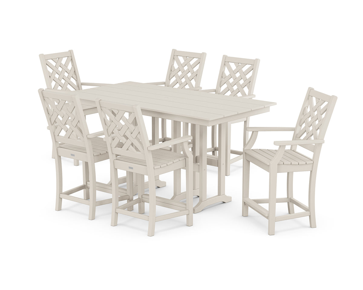 POLYWOOD Country Living Wovendale Arm Chair 7-Piece Farmhouse Counter Set in Sand