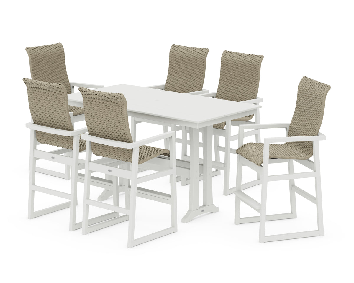 POLYWOOD EDGE Woven Highback Arm Chair 7-Piece Farmhouse Bar Set with Trestle Legs in White / Dune Grass