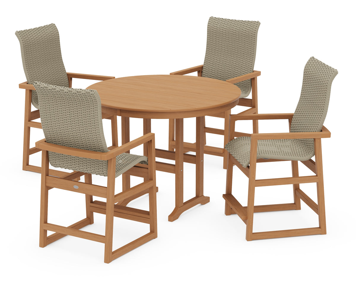 POLYWOOD EDGE Woven Highback 5-Piece Round Farmhouse Counter Set in Natural / Dune Grass