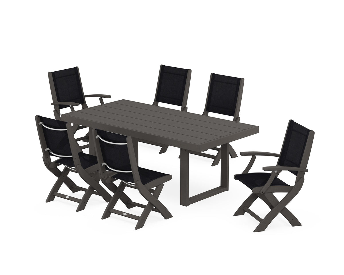 POLYWOOD Coastal Folding Chair 7-Piece Dining Set with Trestle Legs with EDGE 40" x 78" Dining Table in Vintage Coffee / Black