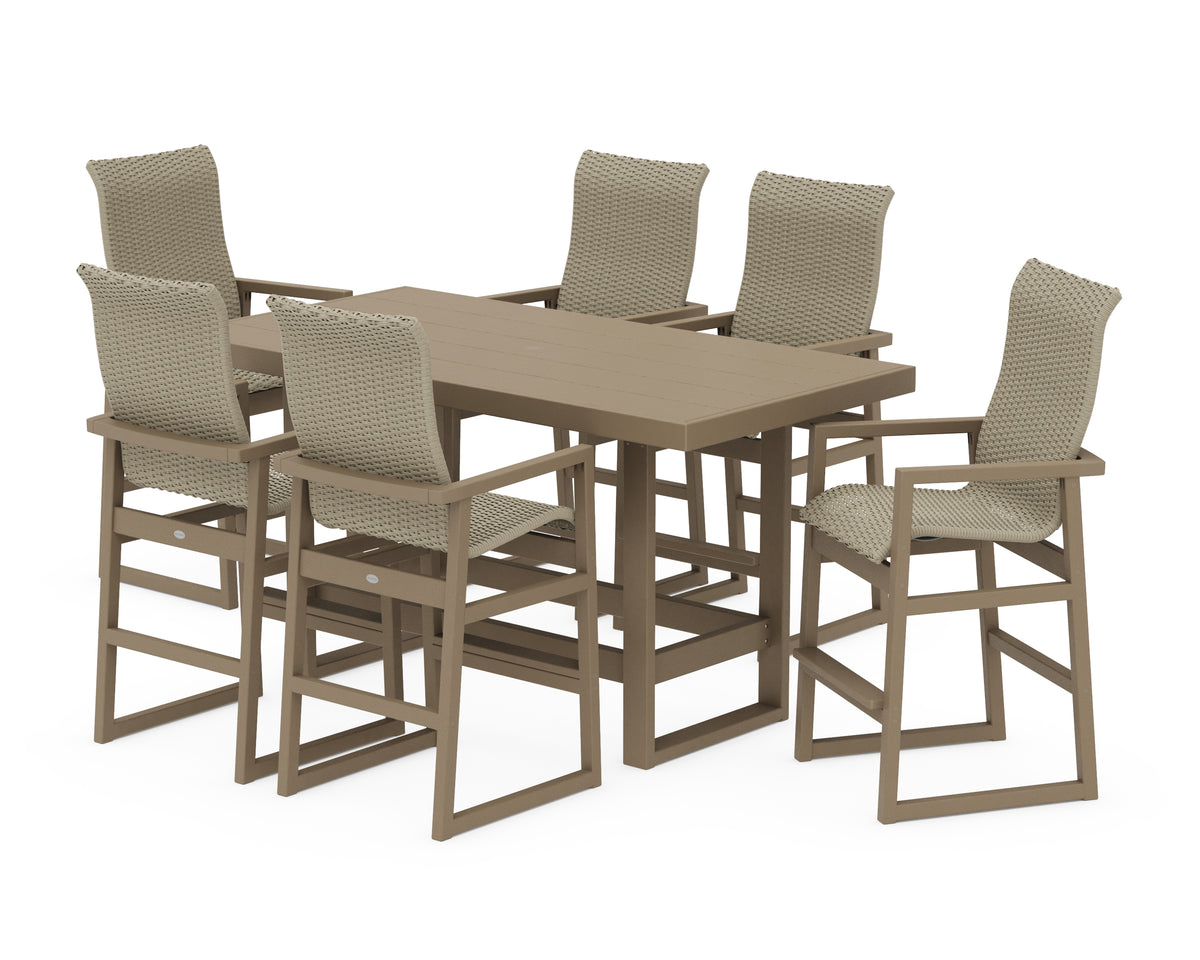 POLYWOOD EDGE Woven Highback Arm Chair 7-Piece Bar Set in Vintage Sahara / Dune Grass