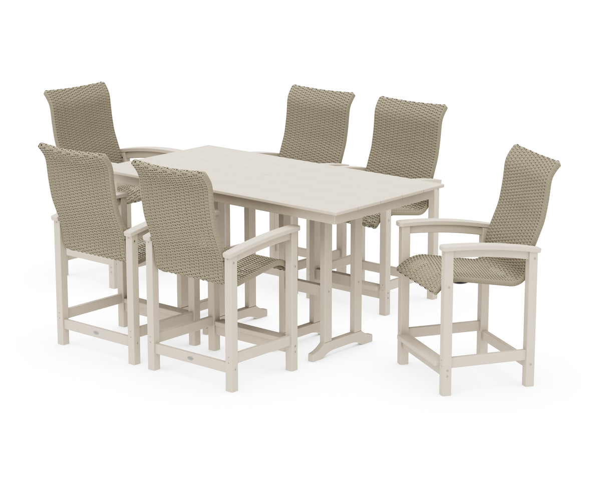 POLYWOOD Coastal Woven High-Back Arm Chair 7-Piece Farmhouse Counter Set in Sand / Dune Grass