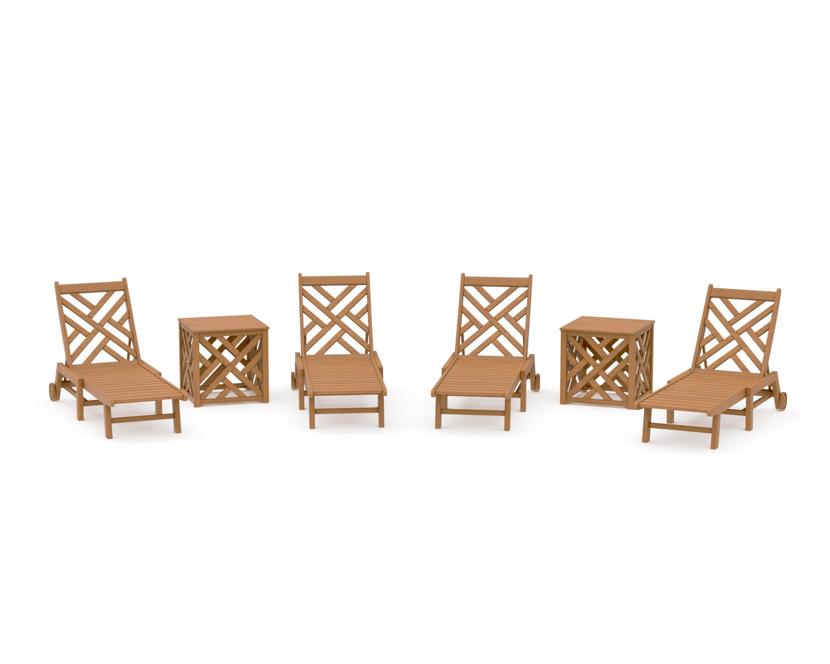 POLYWOOD Chippendale 6-Piece Chaise Set with Wheels and Umbrella Stand Accent Table in Natural