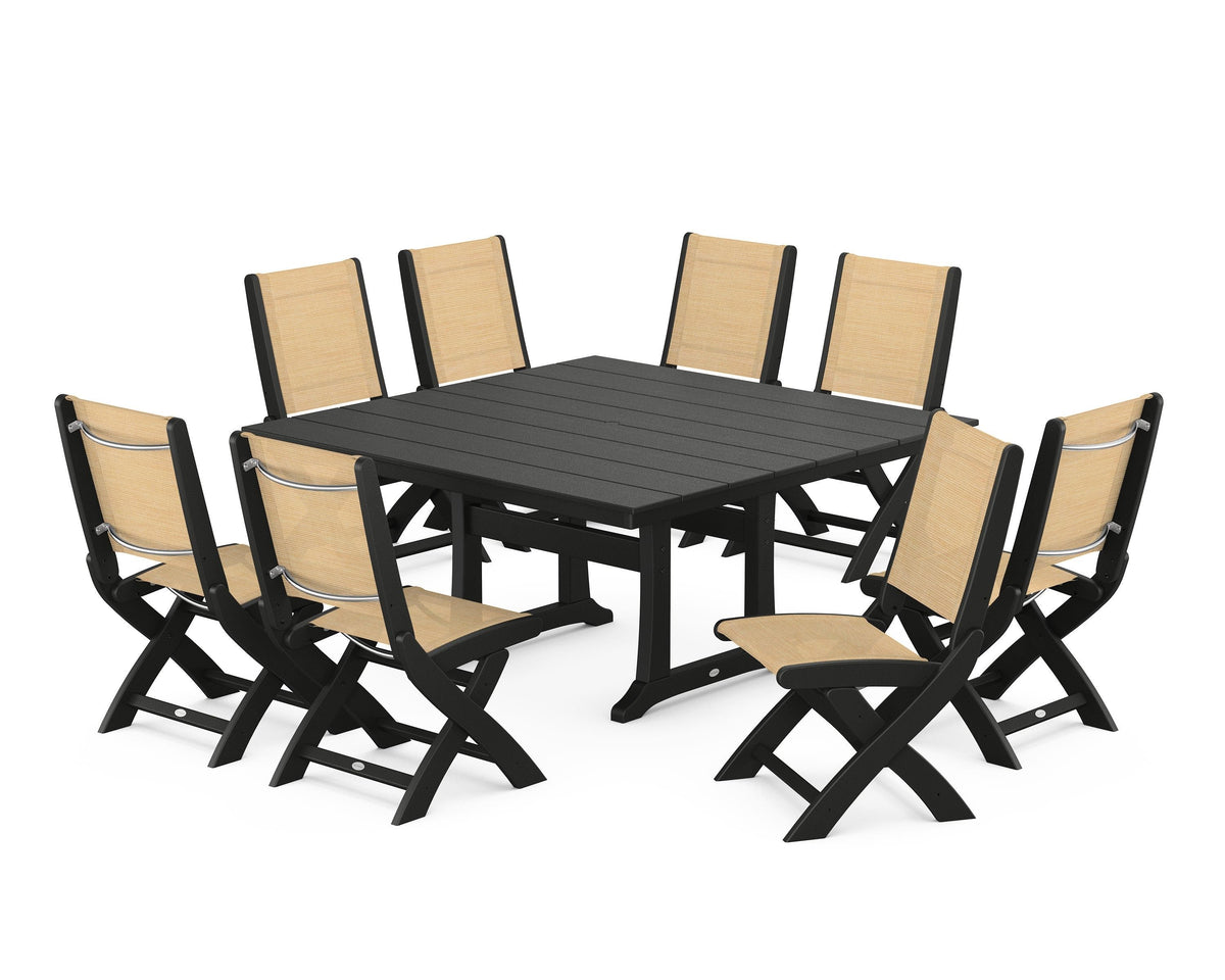 POLYWOOD Coastal Folding Side Chair 9-Piece Farmhouse Dining Set in Black / Dupioni Apricot
