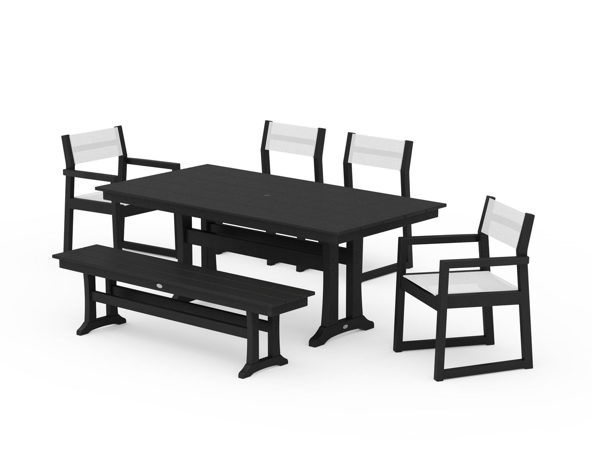 POLYWOOD EDGE Sling 6-Piece Farmhouse Dining Set With Trestle Legs in Black / White