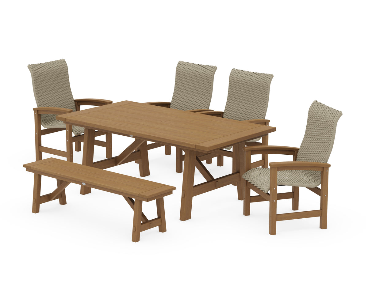 POLYWOOD Coastal Woven High-Back 6-Piece Rustic Farmhouse Dining Set with Bench in Natural / Dune Grass