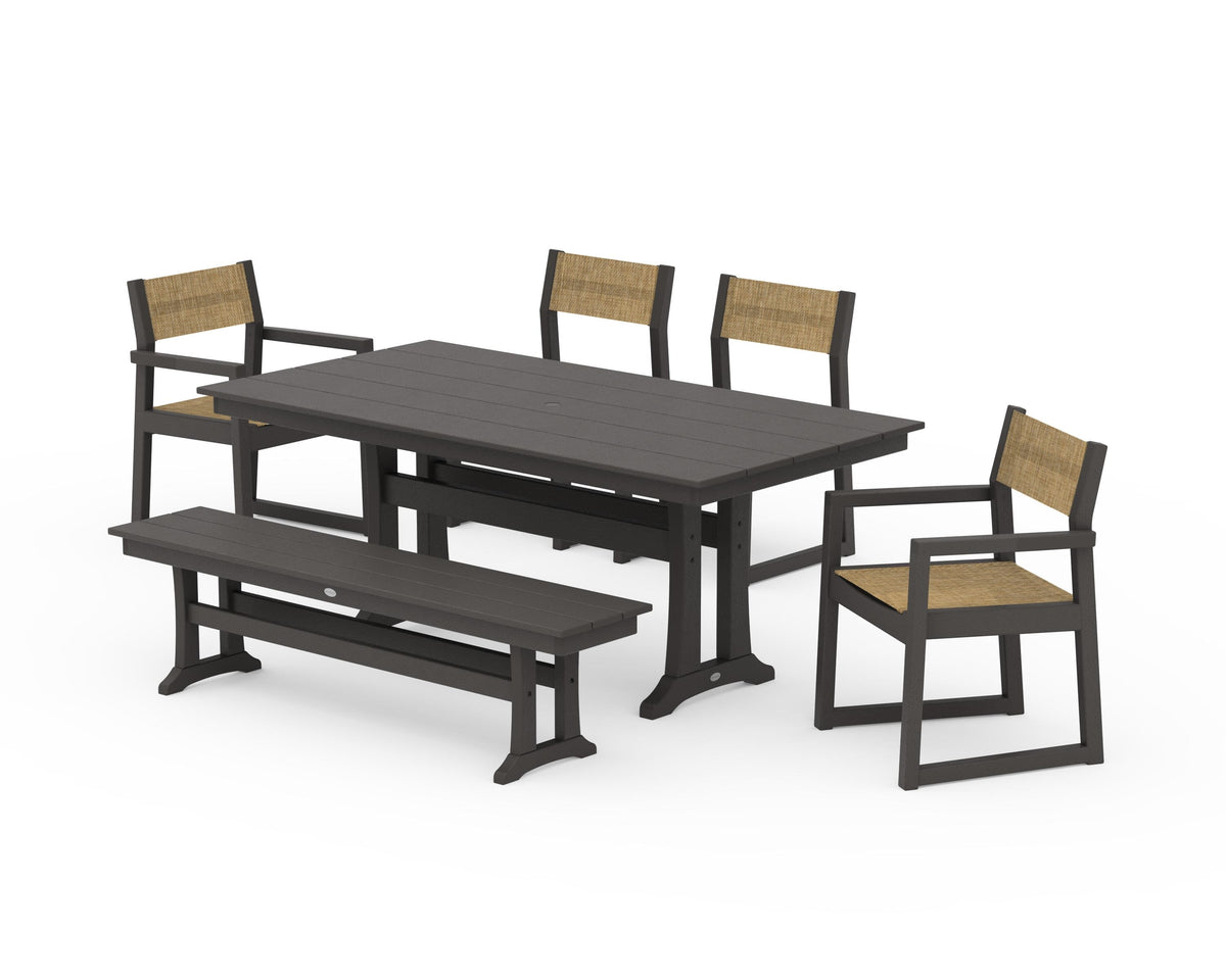POLYWOOD EDGE Sling 6-Piece Farmhouse Dining Set With Trestle Legs in Vintage Coffee / Burlap