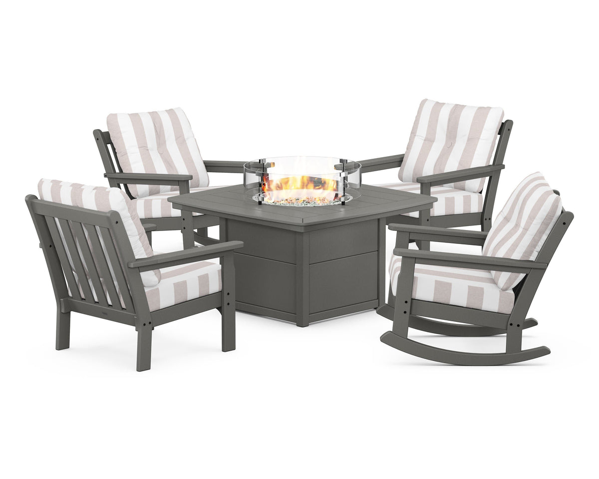 POLYWOOD Vineyard 5-Piece Deep Seating Rocking Chair Conversation Set with Fire Pit Table in Slate Grey / Cabana Stripe Dune Burlap