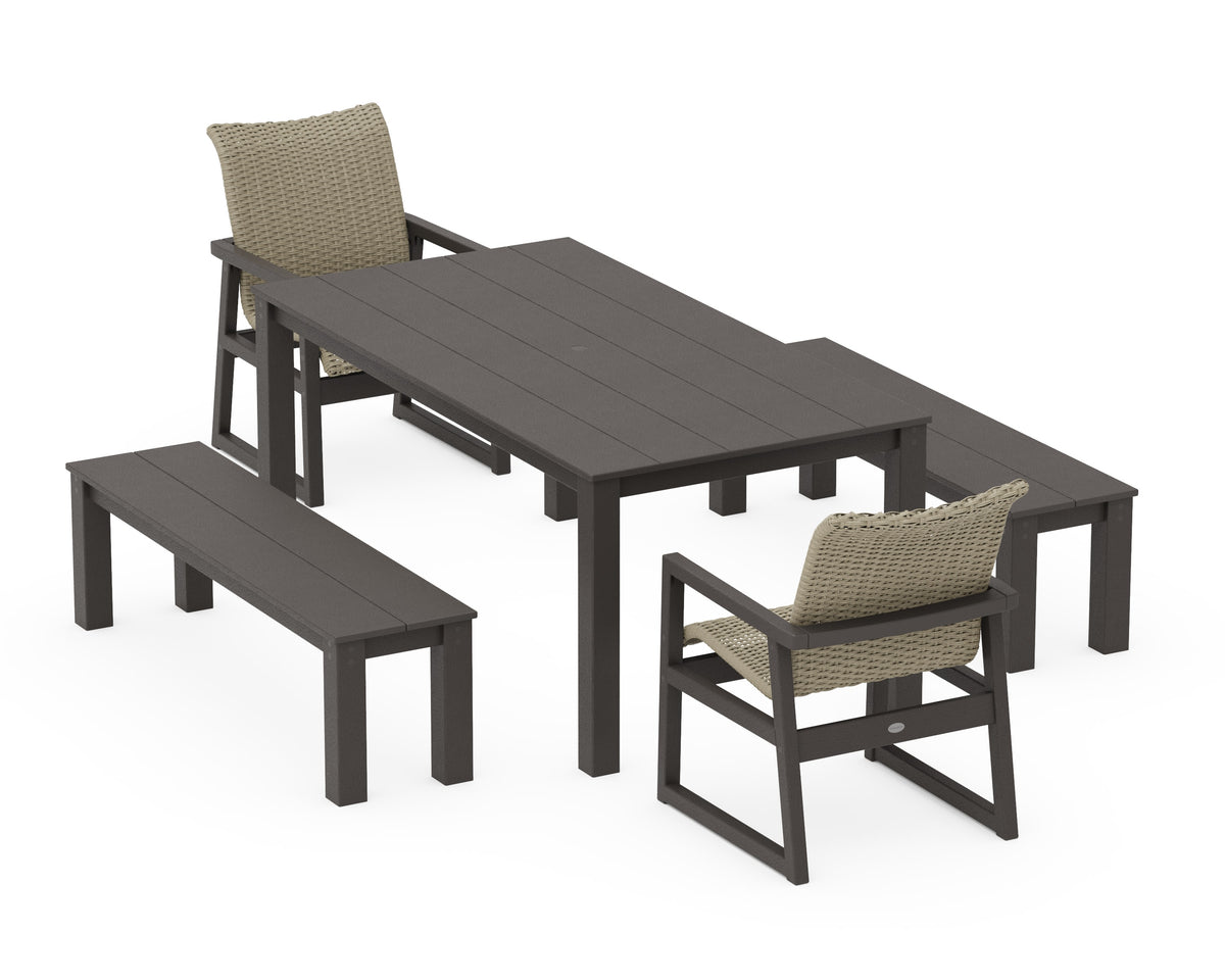 POLYWOOD EDGE Woven 5-Piece Parsons Dining Set with Benches in Vintage Coffee / Dune Grass