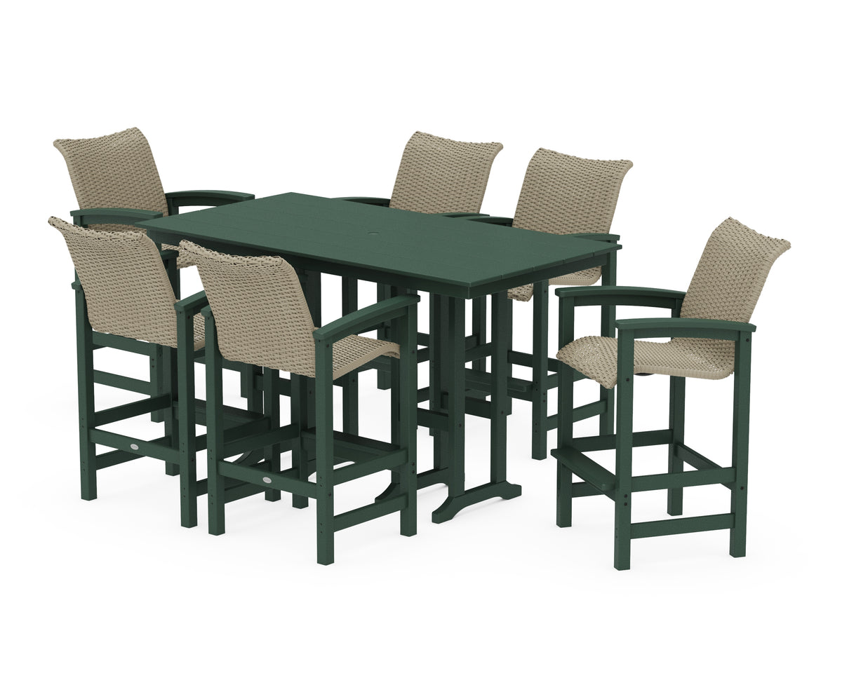 POLYWOOD Coastal Woven Arm Chair 7-Piece Farmhouse Bar Set in Green / Dune Grass