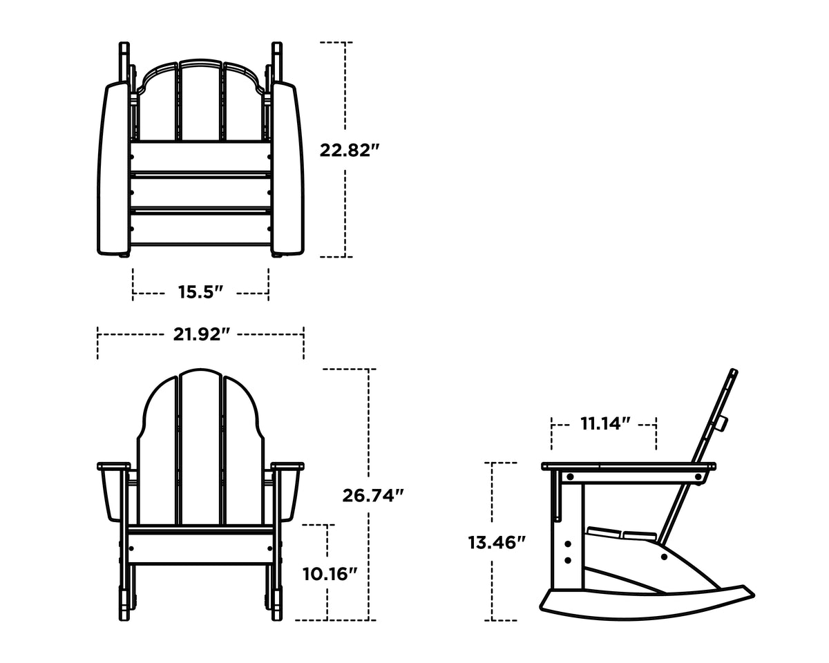 POLYWOOD Kids Vineyard Adirondack Rocking Chair dimension drawing with width, depth and height measurements