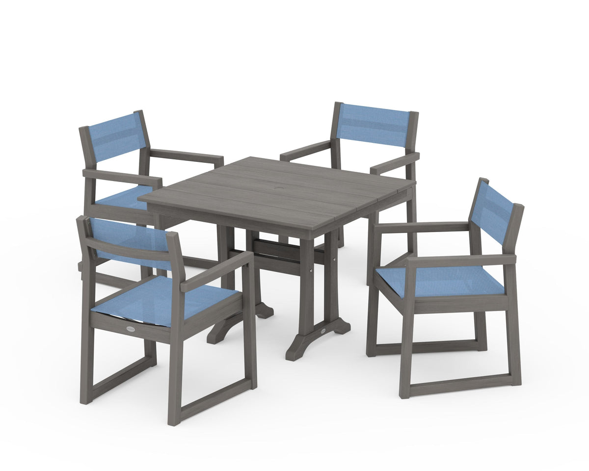 POLYWOOD EDGE Sling 5-Piece Farmhouse Dining Set with Trestle Legs in Driftwood / Poolside