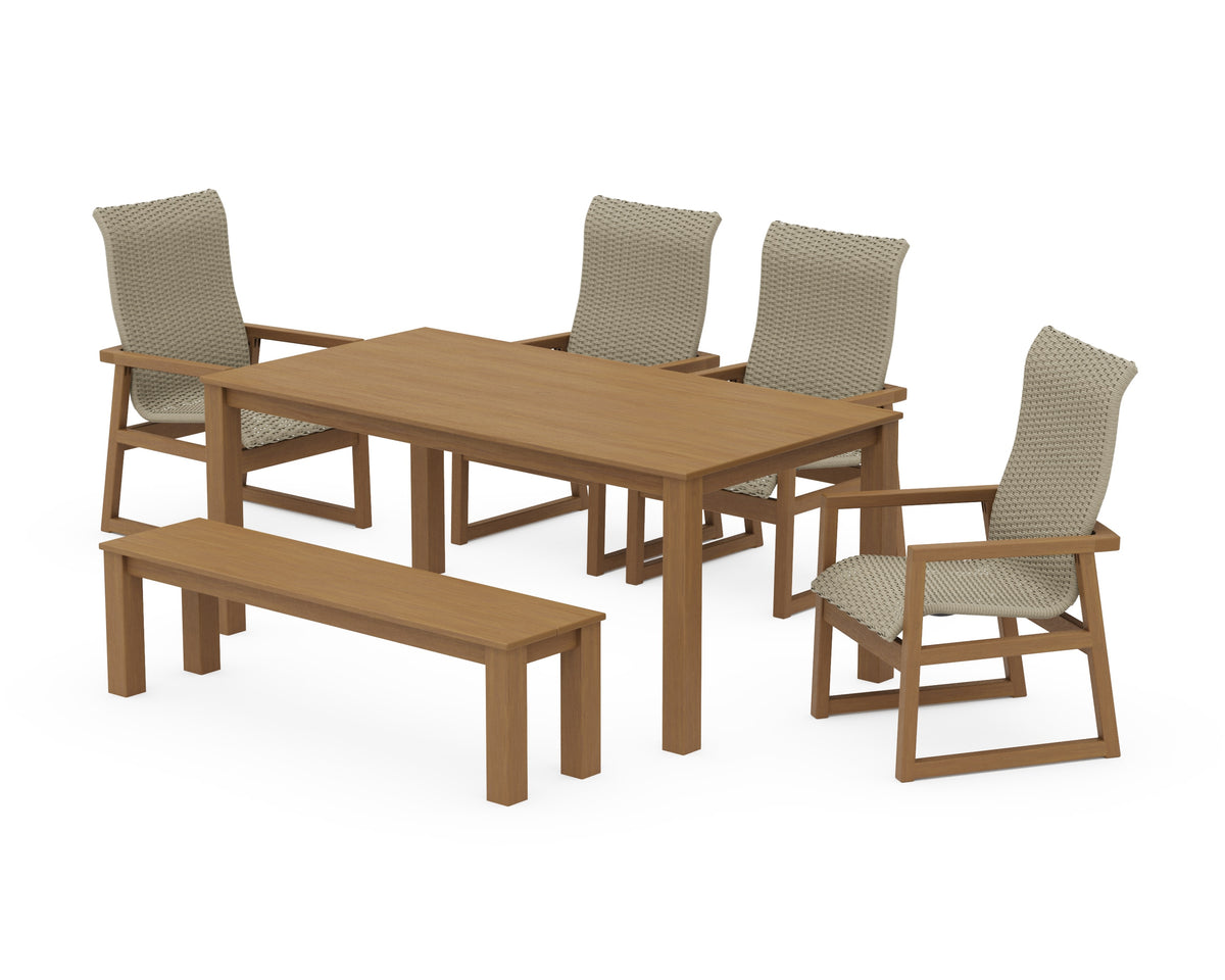 POLYWOOD EDGE Woven High-Back 6-Piece Parsons Dining Set with Bench in Natural / Dune Grass