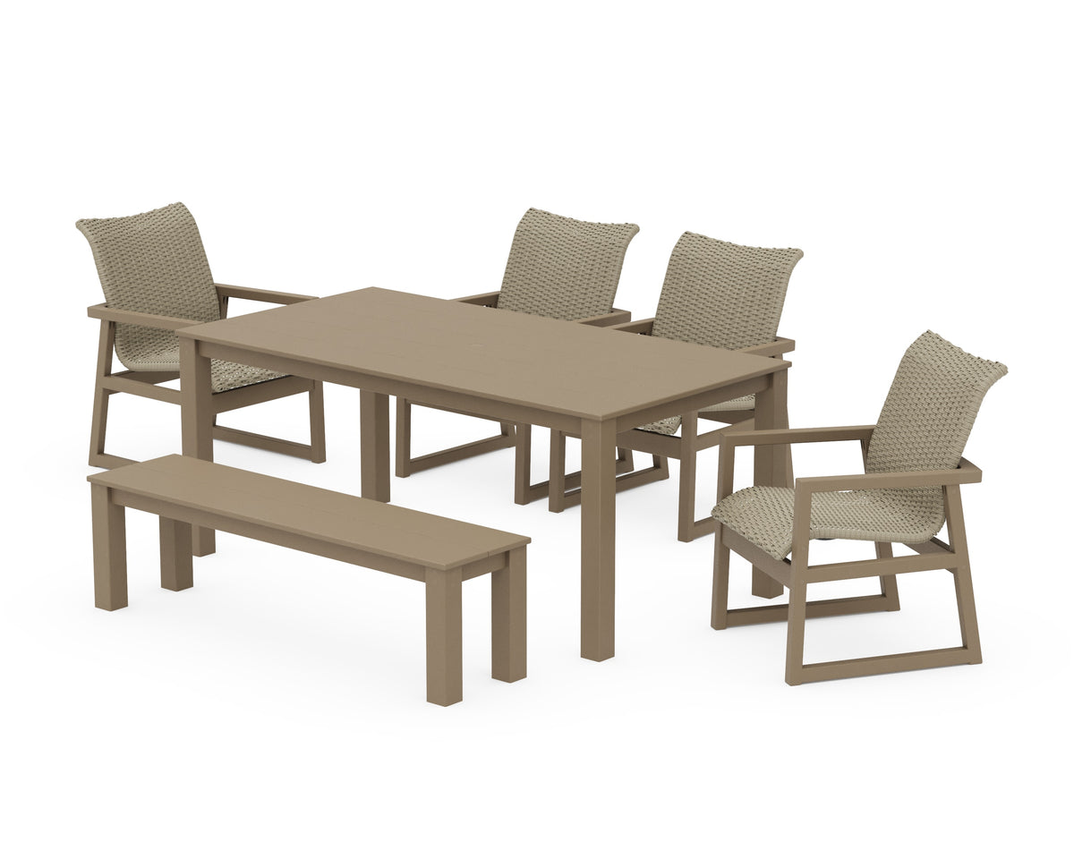 POLYWOOD EDGE Woven 6-Piece Parsons Dining Set with Bench in Vintage Sahara / Dune Grass