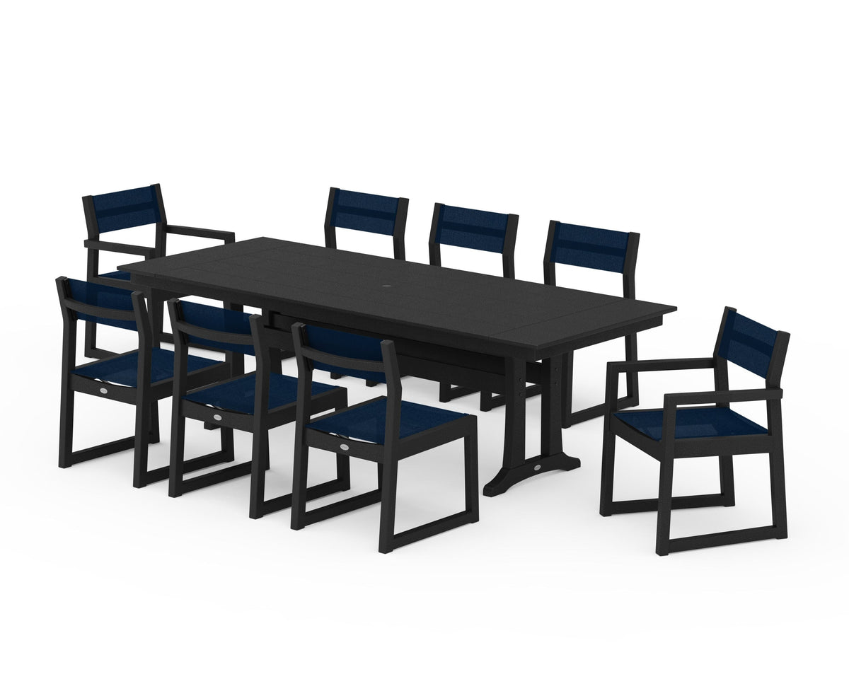 POLYWOOD EDGE Sling 9-Piece Farmhouse Trestle Dining Set in Black / Navy Blue